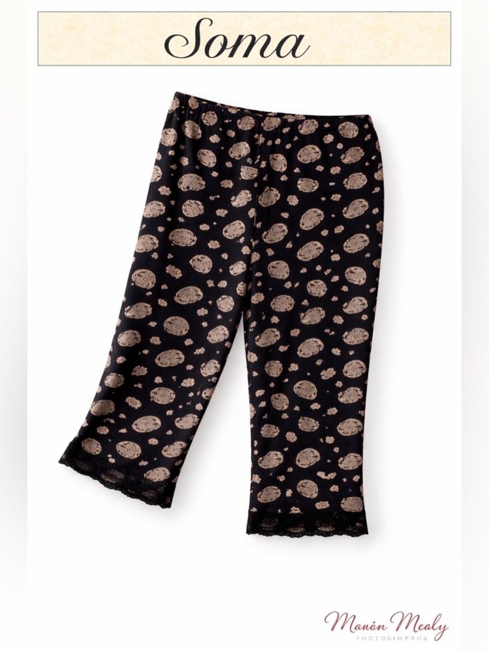 Soma Luxe Capri Pajama Pants Small Black Paisley Soft Knit Lace Trim Lounge